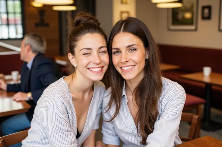 photo of two 20yo brunettes women wearing a shirt, (winks with one eye at viewer). sitting in a cafe. <lora:winke_bit_makeup:1.2...