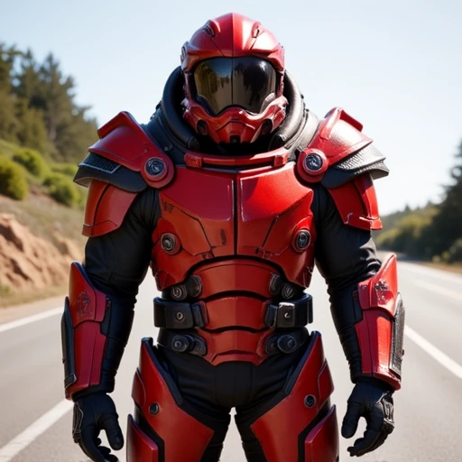 looking at viewer, ground vehicle, full body, outdoors, shoulder armor, road, closed mouth, upper body, spacesuit, red armor