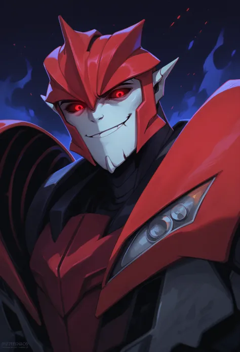 score_9, score_8_up, score_7_up, score_6_up, score_5_up, score_4_up, BREAK, knockoutpdxl, mecha, humanoid robot, solo focus, decepticon, red eyes, black sclera, glowing eyes, looking at viewer, 1boy, dark background, upper body, face closeup, scary, from b...