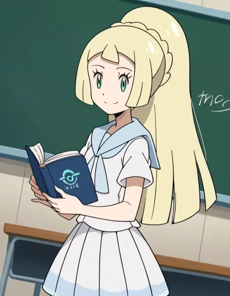 score_9, score_8_up, score_7_up, source_anime, <lora:pokemon-lilie-anime-ponyxl-lora-nochekaiser:1>, lillie (pokemon), blonde hair, blunt bangs, green eyes, long hair,, braid, french braid, high ponytail, miniskirt, pleated skirt, sailor collar, shirt, sho...