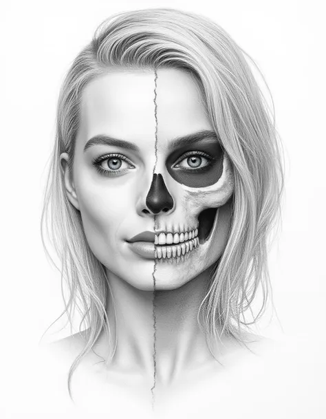 detailed realistic drawing of the face of a woman facing the viewer but the left half of her face is skull while the right side ...