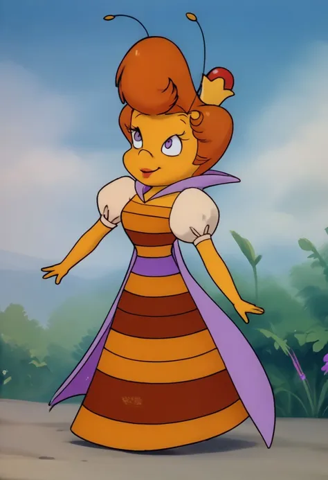 Score 9, Score_8_up, Score_7_up, source furry, (full body in frame:2.0), crown, cartoon, Queenie, honeybee girl, solo, outdoors, sky, puffy sleeves, dress, yellow skin, antennae, smile, honeybee, 3/4 side view, looking at viewer, sexy pose, open eyes