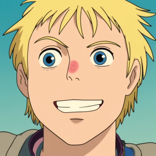 Ghiblistyle, solo, smile, open mouth, blue eyes, blonde hair, 1boy, hair between eyes, male focus, parody, fake screenshot, anime coloring