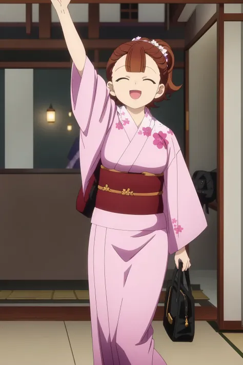 Yamai Ren, 4k, absurd, high resolution, ultra high resolution, high definition, masterpiece, illustration, 2d, anime style, 1girl, solo, smile, short hair, open mouth, brown hair, closed eyes, :d, japanese clothes, kimono, bag, arm up, sash, ^_^, obi, yuka...