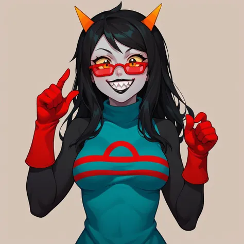 score_9, score_8_up, 
BREAK,
1girl, latula, grey skin, yellow sclera, black lips, black hair, long hair, horns, breasts, clothes, red gloves, glasses, red-tinted eyewear, smile, cute, grin, sharp teeth,
source_cartoon,