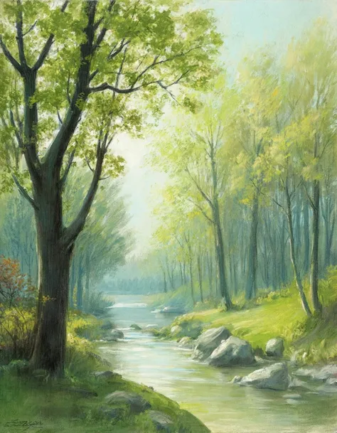 the painting by enjolras depicts a green spring forest with tree and a river. the color palette is soft dominated by whites gree...