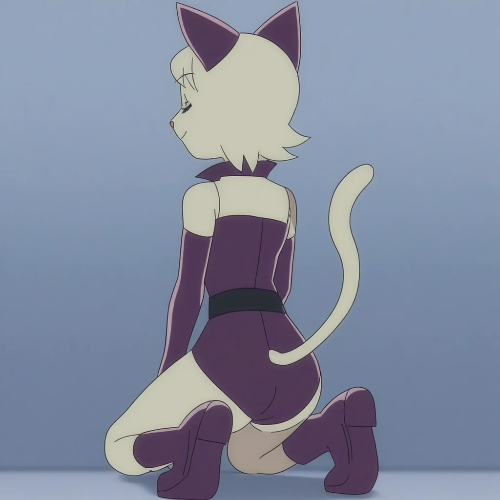 purple boots, catgirl, back view, head view, facing right, looking back, eyes closed, pale fur, looking down  head view, anime style, short hair, kneeling, smiling, kneeling  full body, white fur, bare shoulders, solo, facing left, bare thighs, looking lef...