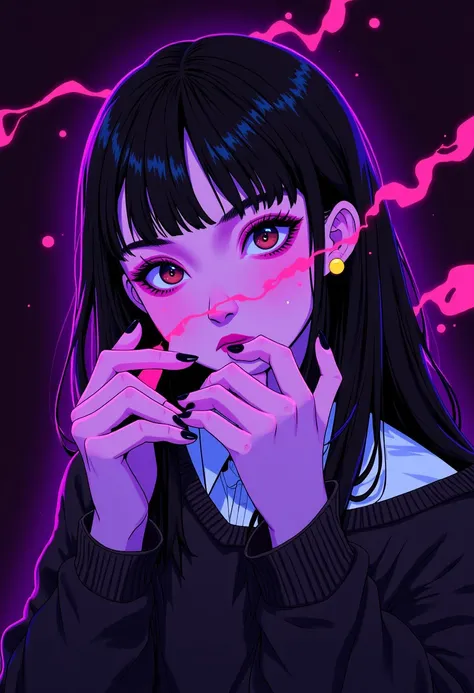 1girl, solo, black hair, looking at viewer, glitch, upper body, long sleeves, long hair, hands up, blunt bangs, shirt, brown eyes, sweater, black nails,,   rainbow theme, melting, vapor, smoke, glitch, horror (theme), glowing,