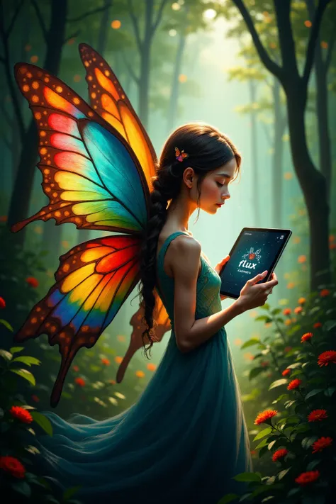 A fairy with rainbow-colored wings. Beautiful butterfly wings. A fairy is holding a tablet PC in the forest. The word “Flux” is written on the screen of the tablet PC.