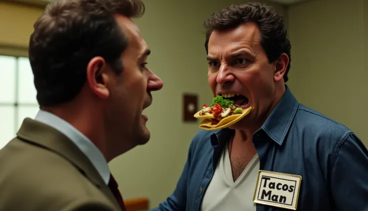 a man approaches another man with a name tag on that has "Taco Man" written on it and then has tacos shoved down his throat, taco rapist, real life, sharp details, detailed faces, nightmare,