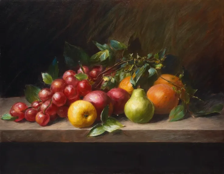 the painting by enjolras depicts a still life of a few fruits. the colors are monochrome with calm reds oranges greens and yello...