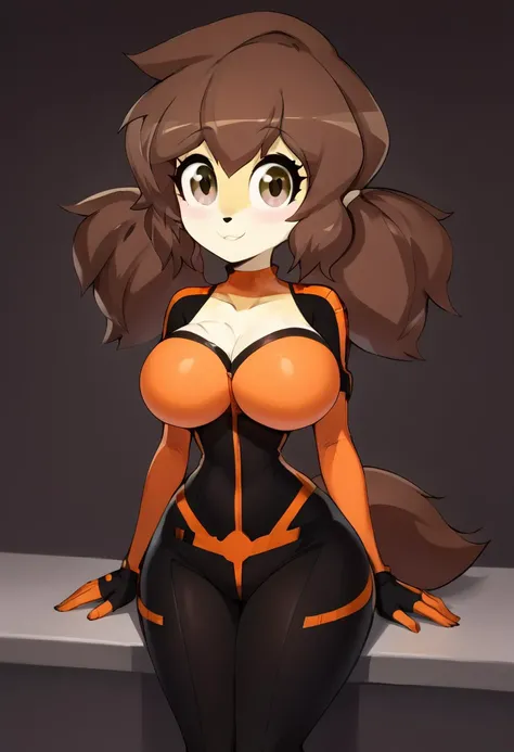 score_9, score_8_up, score_7_up, masterpiece, best quality, spaceship, solo, (very beautiful eyes, big thighs, thin waist, big breasts), 1girl, AmandaPuduf, Brown hair, furry, twintails, tail, SpaceSuit, Bodysuit, Gloves, Sitting, Cheerful,