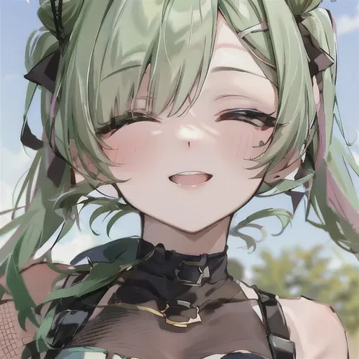 <lora:airi_viridis:1>, airi_viridis, green hair, smiling, eyes closed, mouth closed, heart