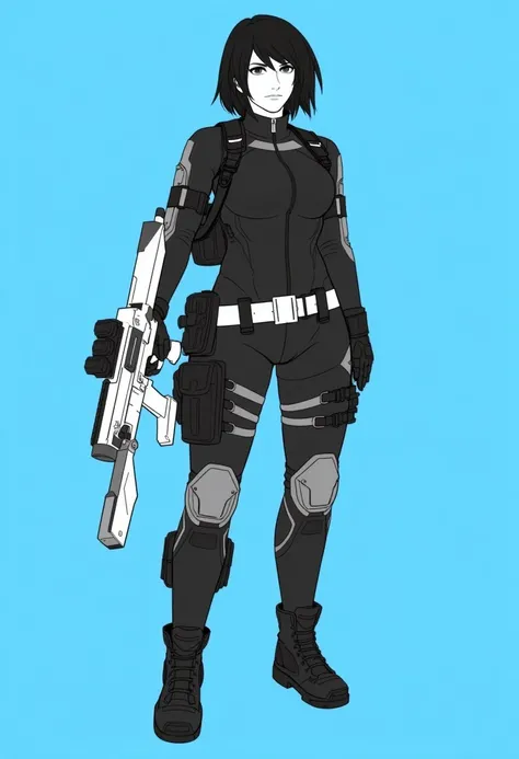 The image in the Haydee style, is a black and white illustration of a black haired female character. She is dressed in a tactical outfit with a formfitting bodysuit, thigh-high boots, and a utility belt with pouches. The outfit is predominantly black with ...