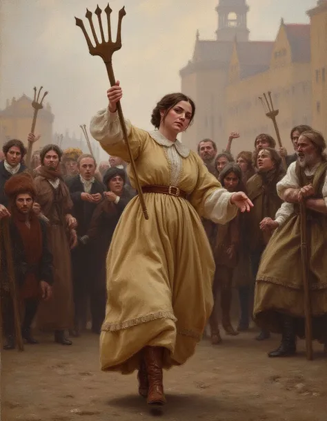 (Beautiful impressionistic oil painting) of a woman in the 1870s in france during the french revolution holding a three-pronged simple pitchfork and leading a rabble of shouting people to the bastille. She is clothed in french peasant clothing of the early...