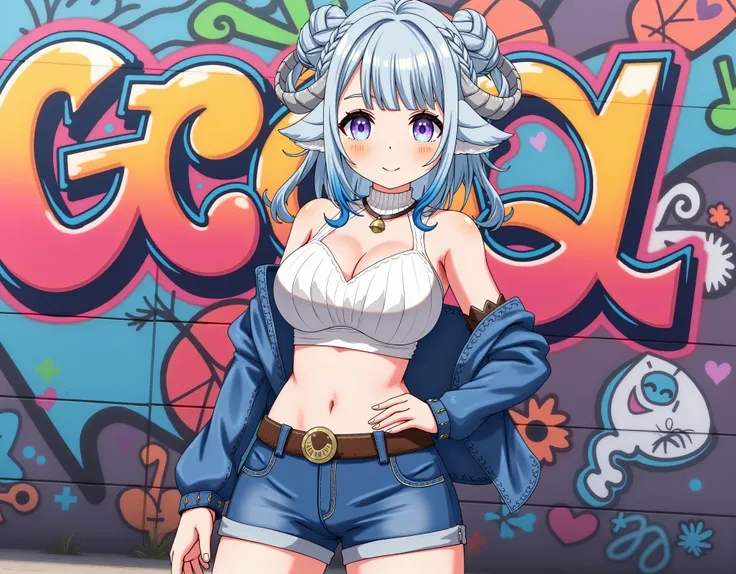 anime style, highly detailed, (photorealistic:1.1), MinaiAruma has grey sheep horn and light blue gradient  hair styled in twin braids and double bun, wearing a white small crop top and blue denim shorts, blue denim jacket off shoulders, hand on own hip po...