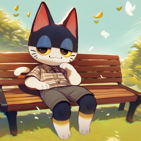 score_9, score_8_up, score_7_up, 1boy, furry male, anthro, punchy, black fur, white fur, half-closed eyes, yellow eyes, cat, outside, grass, bench, sitting on bench, rating_safe