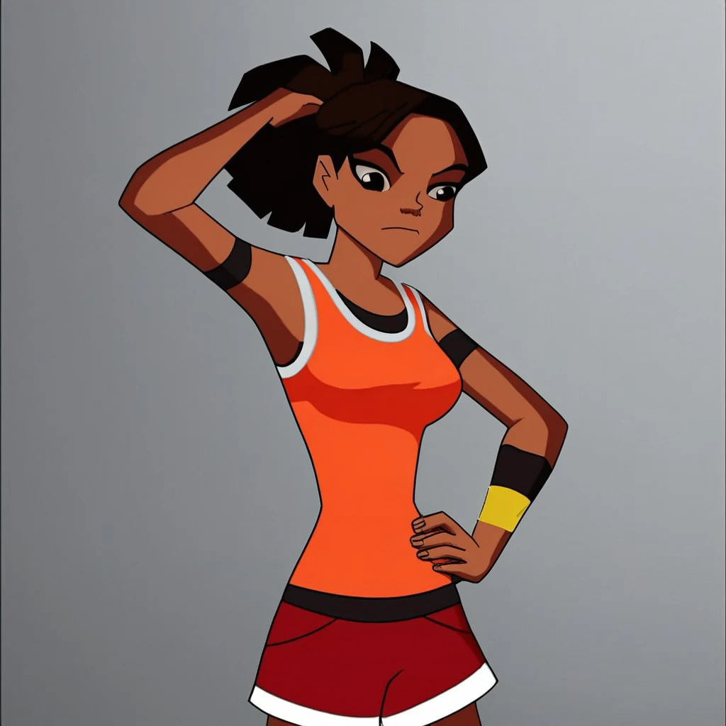 1girl, solo, mia rodriguez, orange vest, tank top, red shorts, arm band, breasts, hand on own hips, hand behind hair