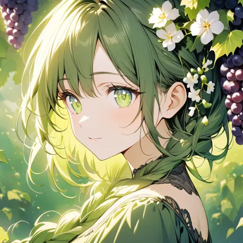 Painting of grapes and bunches of grapes swaying in the background, portrait of one woman with white flowers braided into her hair, she is very beautiful in a dark green dress, her eyes are very finely drawn, lush green background, bright lighting