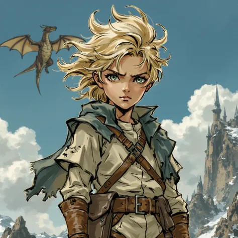 A young boy with a determined expression, standing on top of a mountain peak, wind blowing through his spiky hair. He wears a tattered cape, and in the distance, a dragon can be seen flying through the clouds.