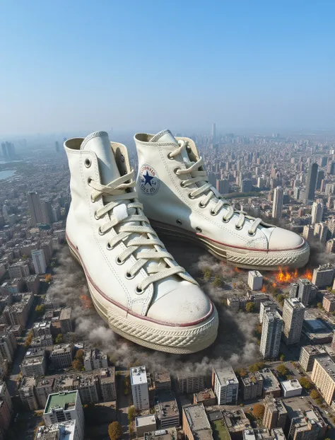 A pair of giant white converse sneakers. They are surrounded by a metropolis full of high-rises. There is a lot of fire, smoke and general destruction in the city. The sneakers are old and dirty. The sky is blue.