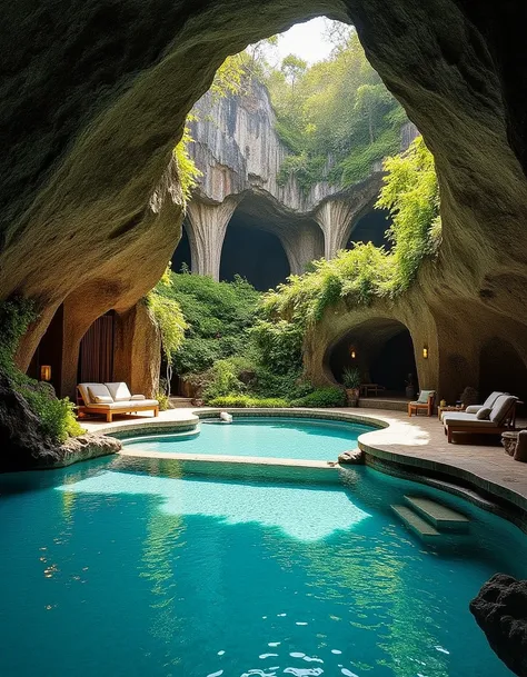 A breathtaking photo of a luxurious bedroom located deep within an underground cave. The interior is adorned with lush greenery and a large pool filled with sparkling water that reflects the surrounding rock formations. This mesmerizing scene is captured o...