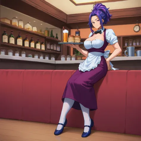 score 9, score 8 up, score 7 up, <lora:Lady_Nagant_r1:0.8>, lady_nagant, 1girl, large breasts, purple hair,
looking at viewer, full body,
(waitress:1.4),
seductive smile, half-closed eyes, (belt:-0.7), (grenade:-0.7), (purple:-1.0)