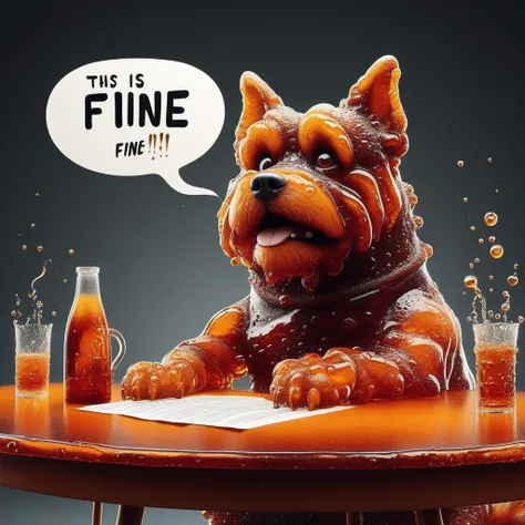 "this is fine" text title signature, anthropomorphic dog(made of Liquid F1zz) sat at a table, he speaks into a word bubble, everything made of bursting Liquid F1zz