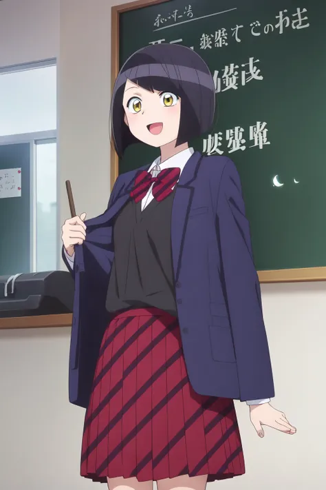 Omoharu Nakanaka, 4k, absurd, high resolution, ultra high resolution, high definition, masterpiece, illustration, 2d, anime style, 1girl, solo, smile, short hair, open mouth, skirt, shirt, black hair, long sleeves, bow, school uniform, jacket, yellow eyes,...