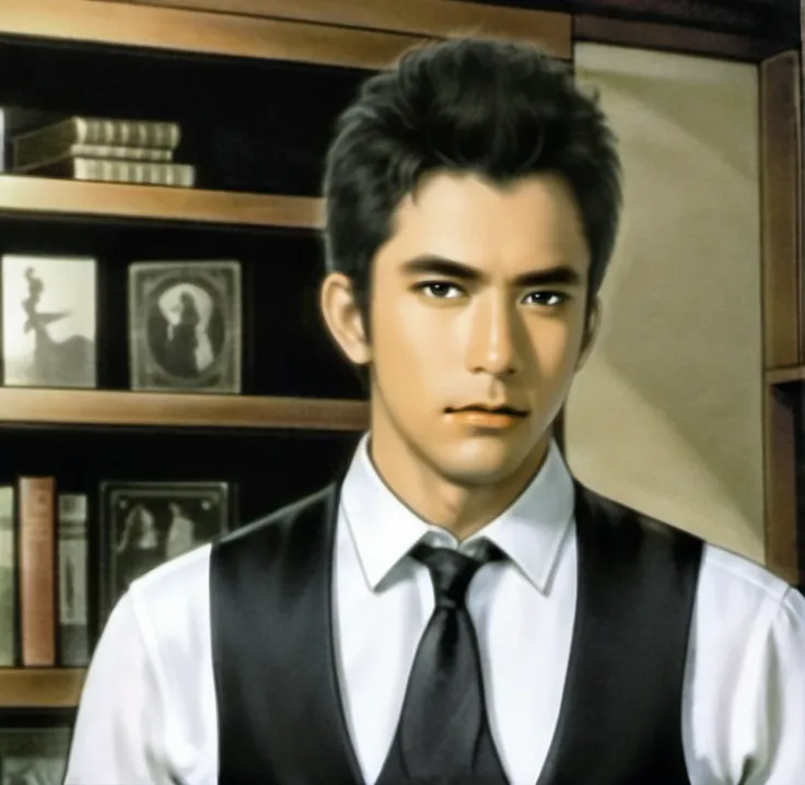 The image shows a man in a white shirt and black vest standing in front of a bookshelf filled with books. He has a serious expression on his face and his hair is neatly combed. He is wearing a black vest over a white collared shirt and a black tie. The boo...