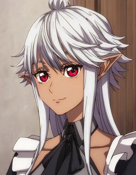 <lora:OssanNewbieAdventurer:1>, soft smile, portrait,  Reanette, long hair, red eyes, white hair, pointy ears, dark skin, maid, elf,