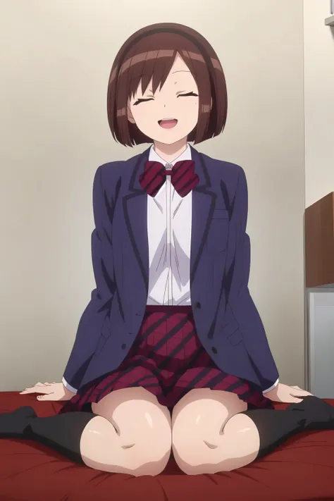 Ayami Sasaki, 4k, absurd, high resolution, ultra high resolution, high definition, masterpiece, illustration, 2d, anime style, 1girl, solo, smile, short hair, open mouth, skirt, brown hair, shirt, long sleeves, bow, sitting, school uniform, jacket, closed ...