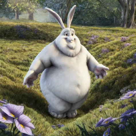 big buck bunny, rabbit, male, overweight, big, brown eyes, long ears, buckteeth, short tail, short stack, white fur, anthro, 4 fingers, hindpaws, seductive, bedroom eyes, narrowed eyes, detailed background, outside, spring, in a field of flowers, solo, sol...