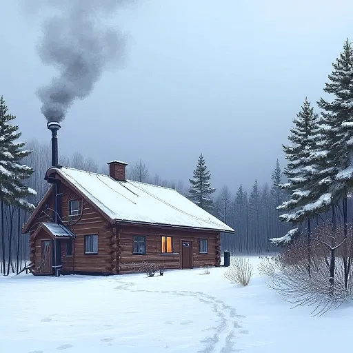 Simonstalenhagstyle, winter, snow field, trees, log cabin with smoke coming from chimney stack, lots of wires coming out from the side