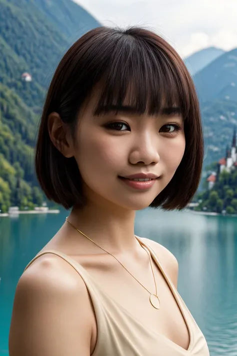 Asian woman, closeup, (shirt), pants, (Lake Bled, Slovenia), gold necklace , smiling , KM_serena, wide shoulders, perfect face, (contact iris: 1.1), pale skin, skin pores , depth of field