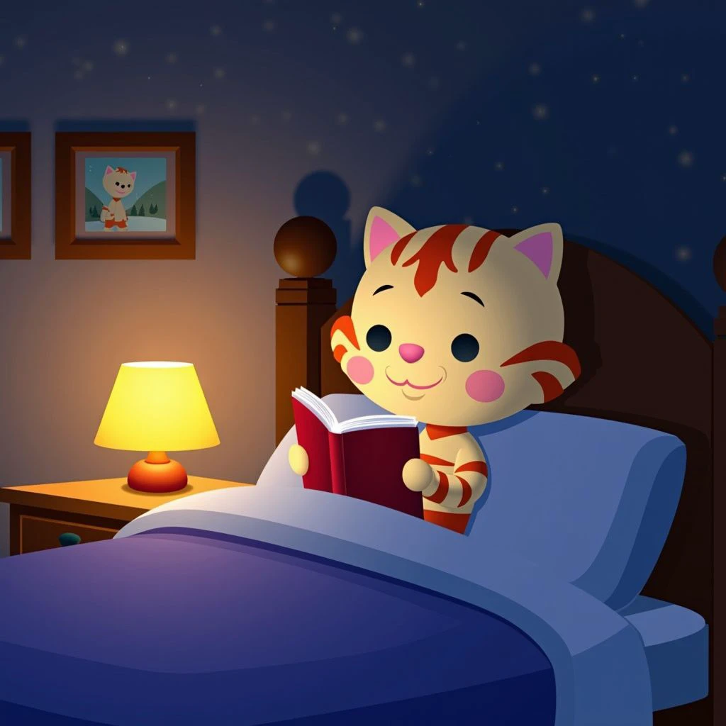 cartoon chibi portrait  in (jmaruyama:1.2) style, Bengal Monitor  Nighttime Reading in a Cozy Bedroom: A softly lit bedroom with a comfortable bed. A person is reclining in bed, reading a book, with a lamp on the bedside table. The room has a warm, invitin...