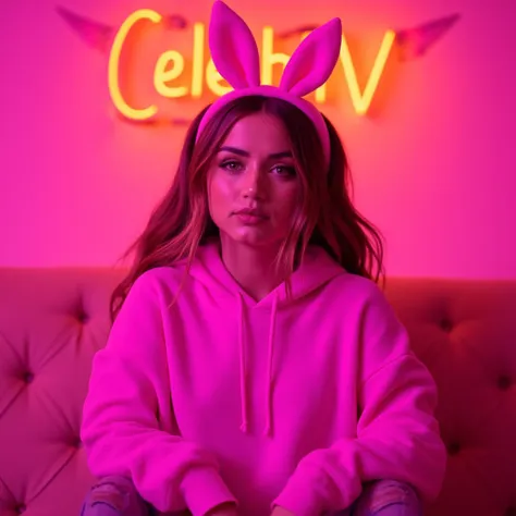 a twitch streamer woman sitting in a cute neon lit pink streamer room and wearing bunny ears and a comfy pink hoodie. the orange...