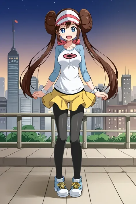 1girl, solo, romeisabwii, brown hair, hair bun, twintails, blue eyes, visor cap, pantyhose, raglan sleeves, shorts, shirt, pink bow, wristwatch, shoes, full body, outdoors, city, standing, smile, open mouth