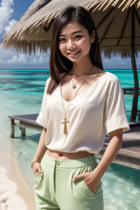 Asian woman, closeup, (shirt), pants, (Maldives Beach Resort), cross necklace , smiling , KM_katrina, wide shoulders, perfect face, (contact iris: 1.1), pale skin, skin pores , depth of field