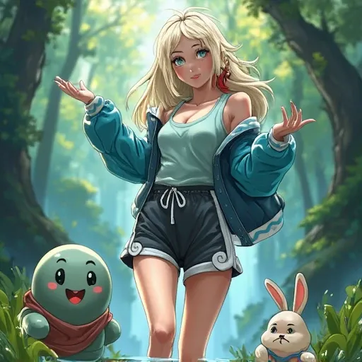 Mizuki, aqua eyes, long blond hair, red earring, platform sandals, black shorts, aqua tank top, aqua jacket, full body, Pokemon (creature), beanz, rabbit, in the forest, water magic