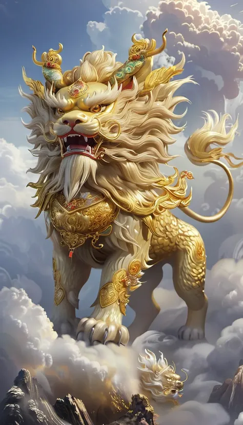 HZ,A Chinese mythical beast, shaped like a lion, a golden mythical beast, standing in the clouds with a roaring posture,<lora:52Hz-ä¼ ç»ç¥è¯:1>,