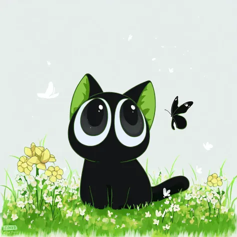 cat, butterfly, no humans, grass, black cat,black fur ,animal focus, white background, sitting, solo, simple background, animal, flower, full body, looking up