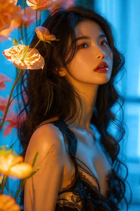 huacong,1 girl, solo, single, long hair, black hair, curly hair, flowers, looking up, upper body, lips, reality, parted lips, blur, dress, Bare shoulders, nose, black hair, brown hair, sleeveless, black dress