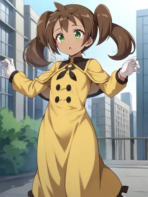 <lora:sashaunaXYtsukishiro:0.7>
1girl, solo, shausana, dark skin, brown hair, quad tails, green eyes, yellow dress, long sleeves, yellow capelet, white gloves, outdoors, city, open mouth, parted lips,