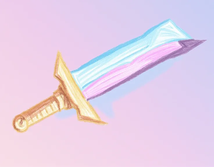 flashy digital paint illustration by SGBR, emphasizing pastel tones of a sword, weapon, as a still life.