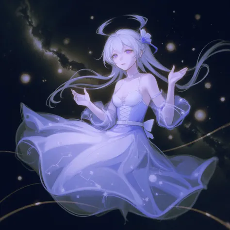 This is a digital painting in an anime-inspired art style, featuring a young woman with a celestial theme. She has long, wavy silver hair that flows around her like a halo, shimmering with soft hues of blue and lavender. Her skin is pale with a subtle, iri...