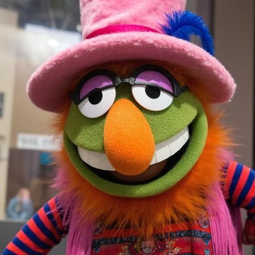 showcasing his vibrant green skin, Dr. Teeth with a pink hat and feather, wearing a striped shirt with a patterned vest.