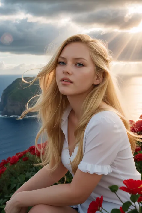 (8K, Breathtaking photo of a Beautiful Girl), look at camera, many details, ocean Background, sits high on the mountain, blonde hair, long hair, hair blowing in wind, crazy sky, rays of sunshine break through the clouds, red Flower, ocean, strong flora