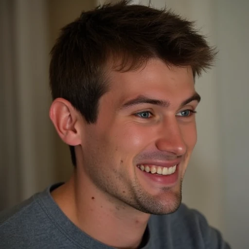 victor, male, smile, teeth, looking to the side, facial hair