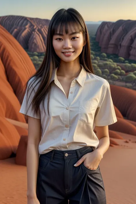 Asian woman, closeup, (shirt), pants, (Uluru, Australia), (), smiling , KM_kei, wide shoulders, perfect face, (contact iris: 1.1), pale skin, skin pores , depth of field